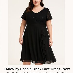 Chic Black Lace Midi Dress Sequin Lace with Satin Waistband NWT